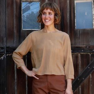 Me & Arrow Cuff Sleeve Linen Blend Blouse Saddle Tan, L